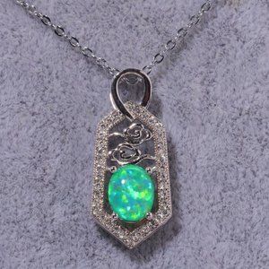 New - Green Fire Opal and White Topaz Silver Necklace